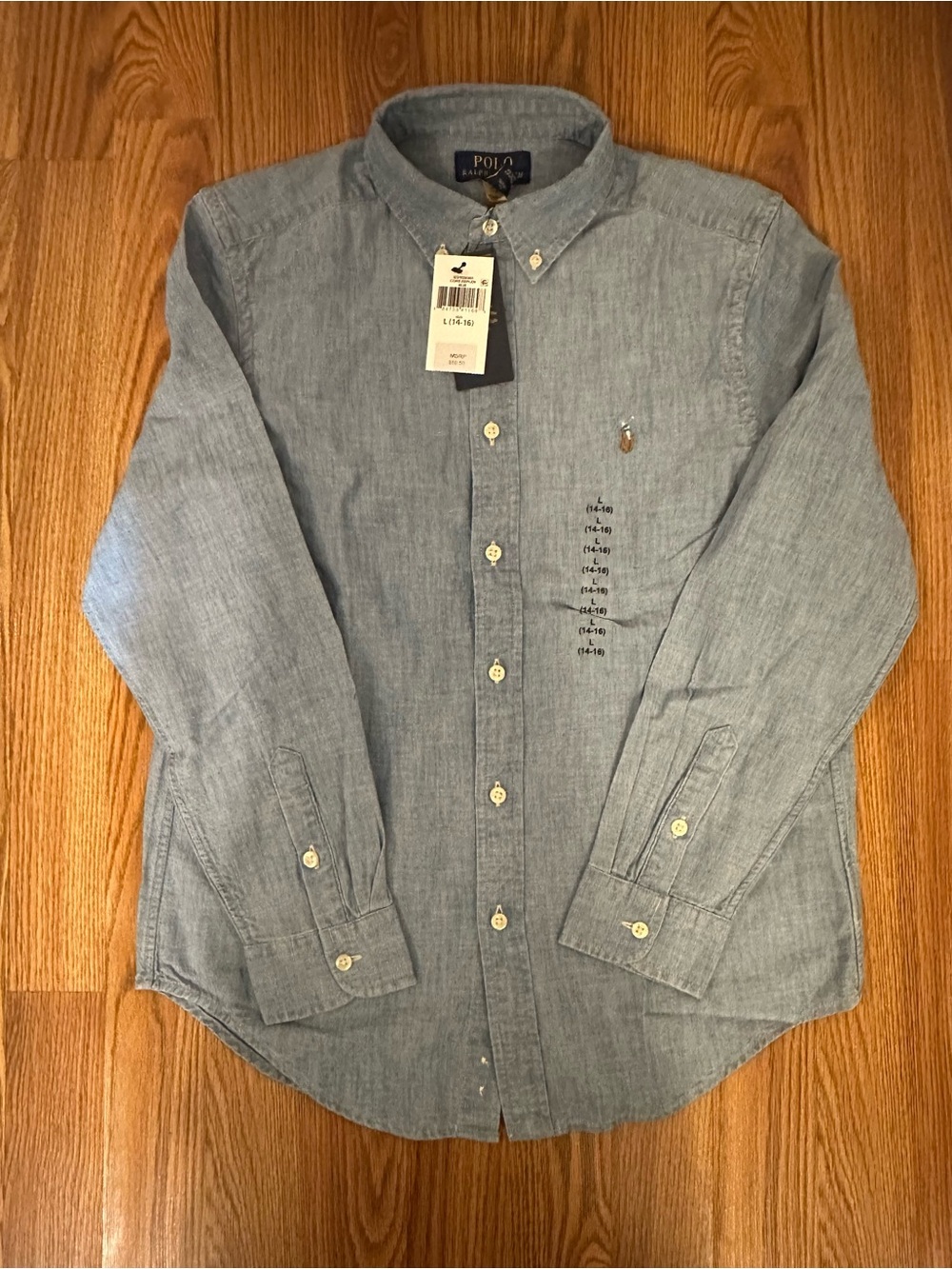 Polo Ralph Lauren Boys Button Down Blue Chambray Long Sleeve Shirt Large (14-16)